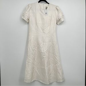 NEW Lisou 100% Silk A Line Skater Short Midi Sleeve Dress Off White Women 4